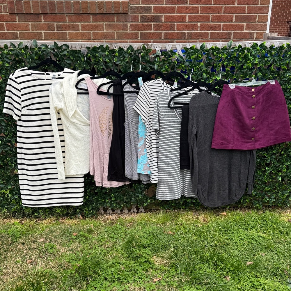 Striped Black & White Dress + Mixed Tops and Burgundy Button Skirt Bundle